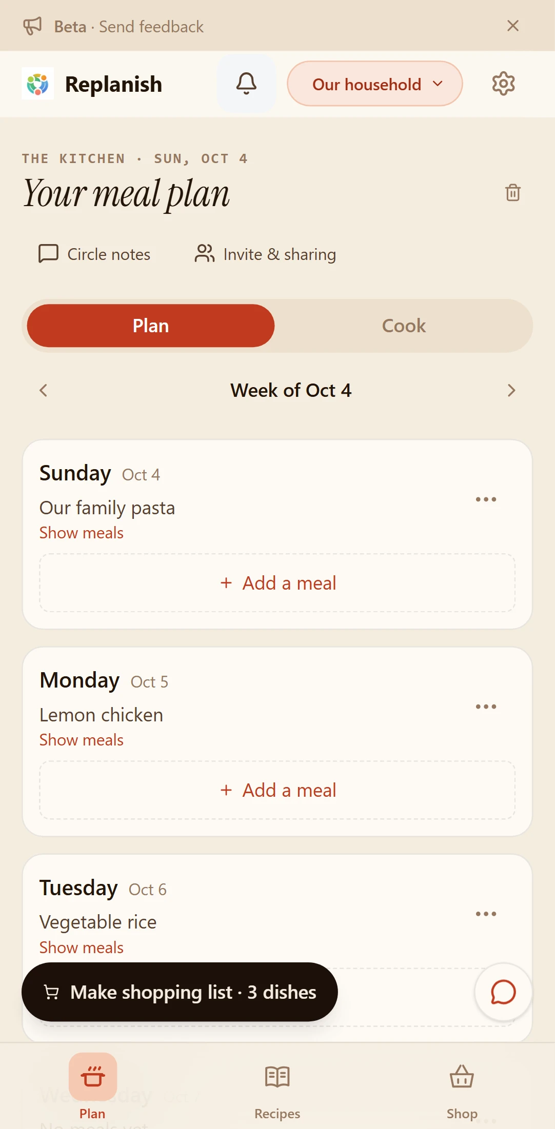 The simplified Replanish meal plan, with Add a meal and the Plan, Recipes and Shop tabs. Example household data.